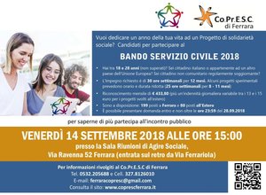 Bando servizio civile - presentazione venerdì 14 settembre 2018 alle 15 a Ferrara