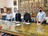 La firma dell'accordo tra Comune e Università di Ferrara: da sinistra il vicesindaco Nicola Lodi, il rettore dell'Università Giorgio Zauli, il sindaco Alan Fabbri e l'ass Alessandro Balboni- Ferrara, 17 giugno 2021