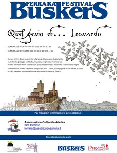 Locandina del Buskerini lab dedicato a "Quel genio di Leonardo" - Ferrara, 25 e 31 agosto e 1 settembre 2019