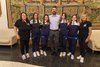 Pattinaggio asd Il quadrifoglio Ferrara - atlete in partenza per campionato mondiale con l'assessore Francesco Carità, allenatrice Grandi e pres Poli (foto FVecch)